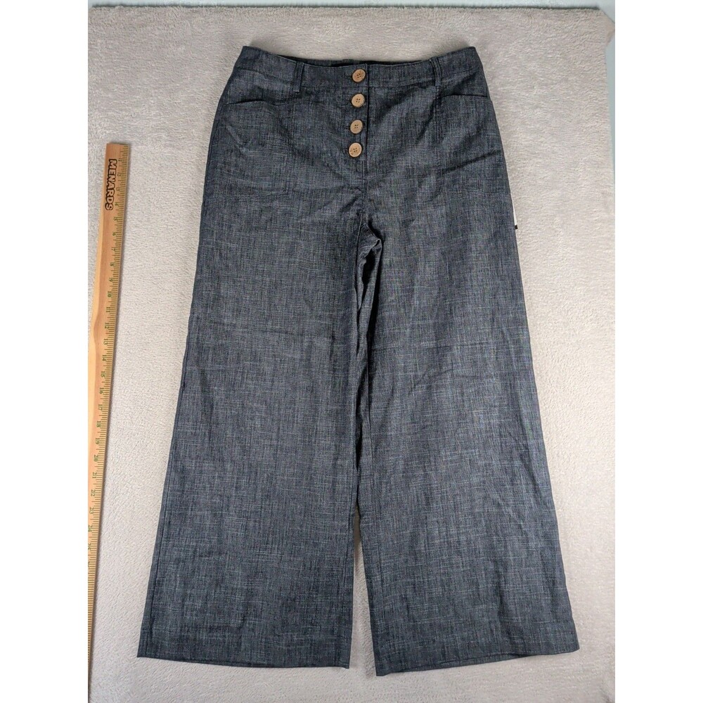 Charlie B Wide Leg Linen Pants Button Front Women's 10 New Blue Crop Ankle
